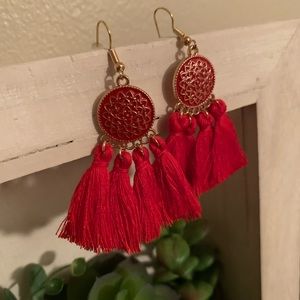 Gorgeous golden earrings with red tassels!